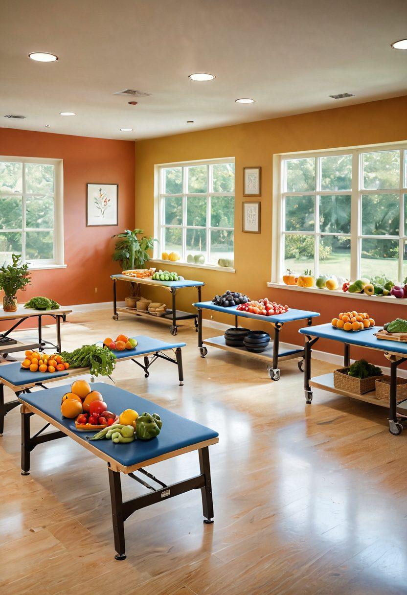 A serene rehabilitation setting showcasing a diverse group of individuals engaging in nutritional cooking, physical therapy, and mental wellness activities. The scene includes fresh fruits and vegetables, exercise equipment, and calming meditation areas, emphasized with warm, inviting colors and soft light. This visual narrative represents the holistic approach to rehabilitation. super-realistic. vibrant colors. soft focus.