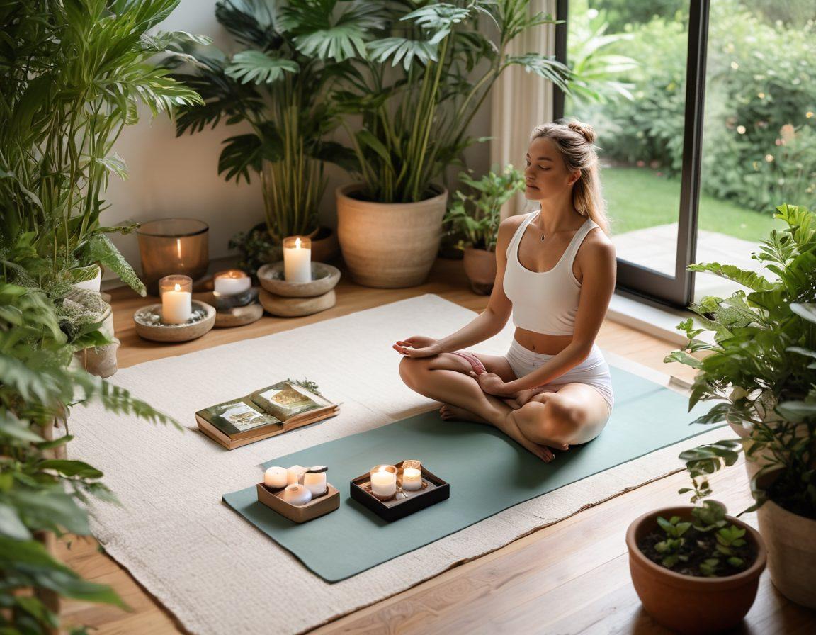 A serene setting featuring a tranquil healing area, with a person practicing yoga on a soft mat surrounded by lush greenery and blooming flowers. Incorporate elements like a lit candle, a bowl of crystals, and a journal open with a pen, conveying mindfulness and self-care. Soft sunlight filters through the trees, casting gentle shadows, creating a calming ambiance. pastel colors. super-realistic.