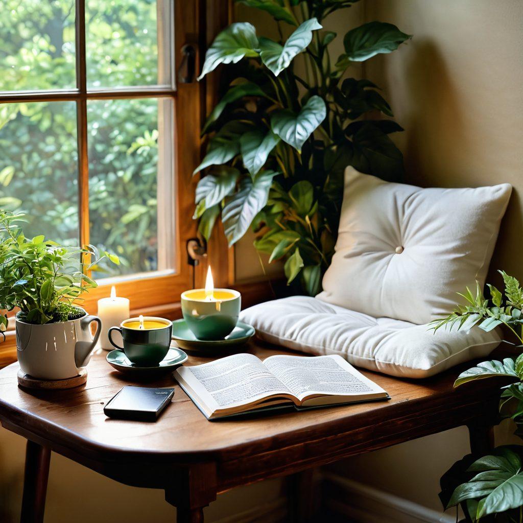 A serene scene depicting a tranquil space with soft sunlight filtering through lush green leaves. A cozy, inviting nook with plush cushions, a steaming cup of herbal tea, and a journal on a small wooden table reflects self-care practices. Gentle elements like candles, plants, and calming colors create a sense of healing and transformation. super-realistic. vibrant colors. warm lighting.